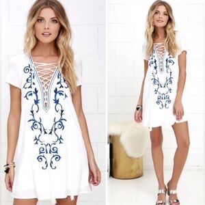 Lulu's White Midi Dress with Blue Embroidered Lace-Up V-Neck